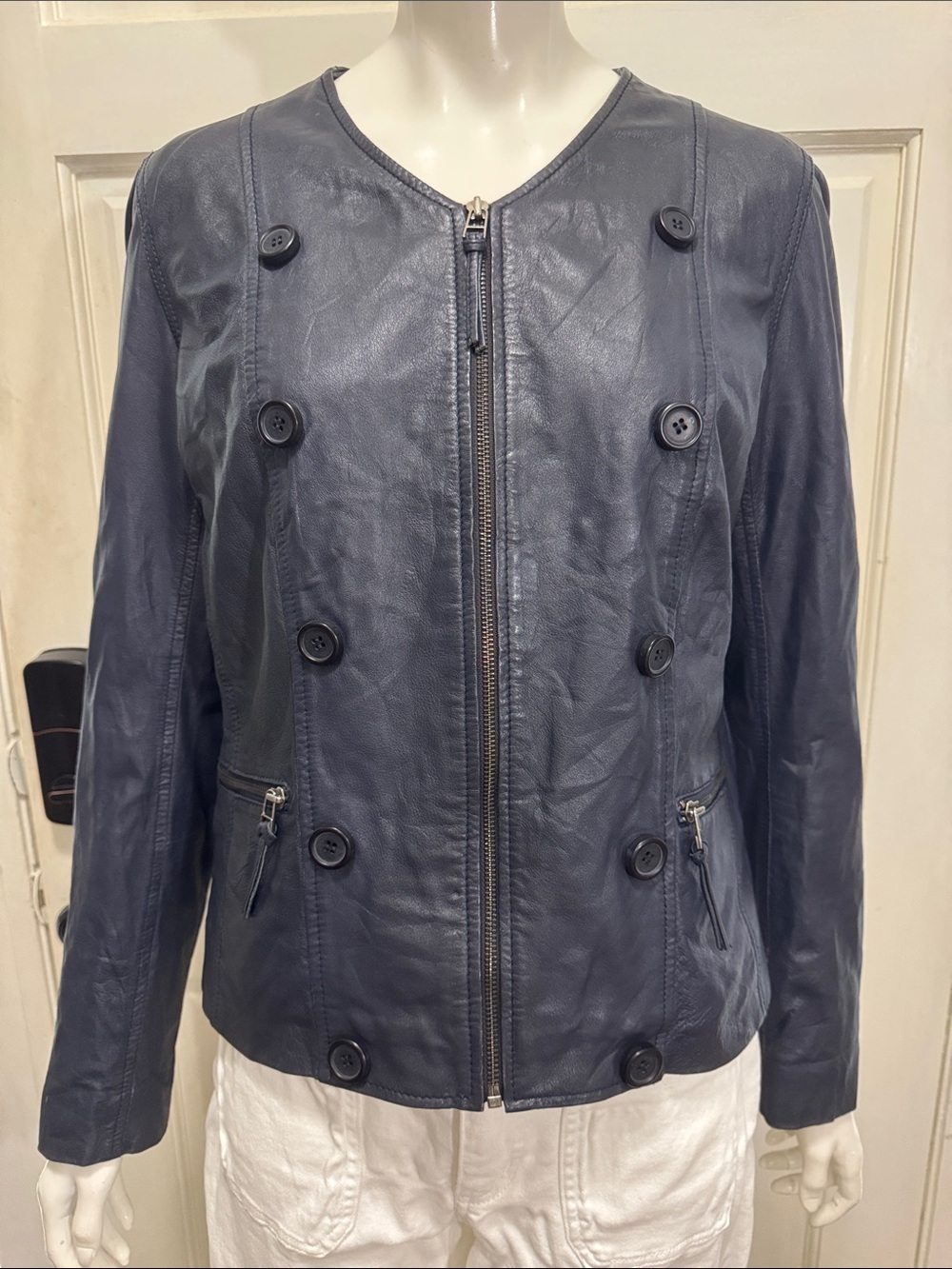 BOD Christensen Women Navy Midnight Blue Leather Double Breast Zip Moto Jacket L